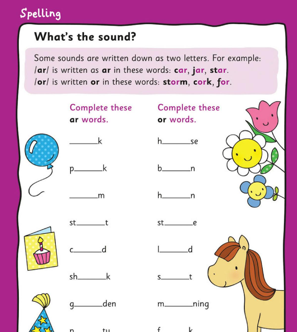 Year 1 English workbook spelling activity page featuring sound patterns and word completion exercises