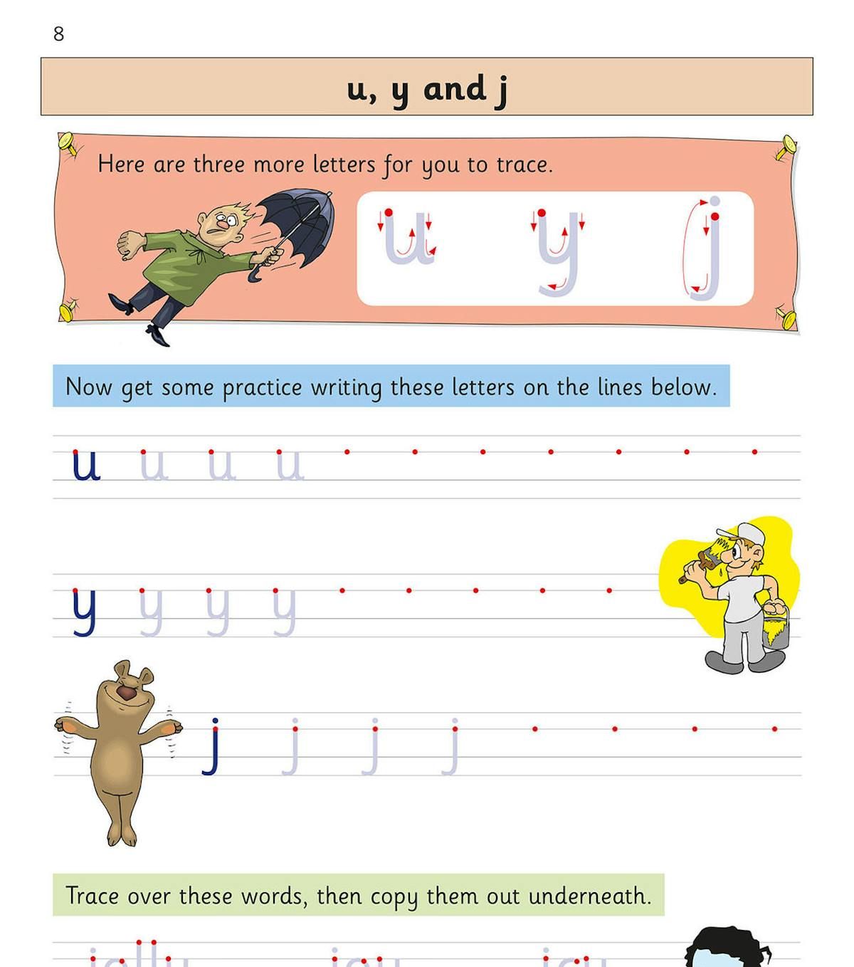 Sample page showing letter formation for u, y and j with tracing guides and practice lines