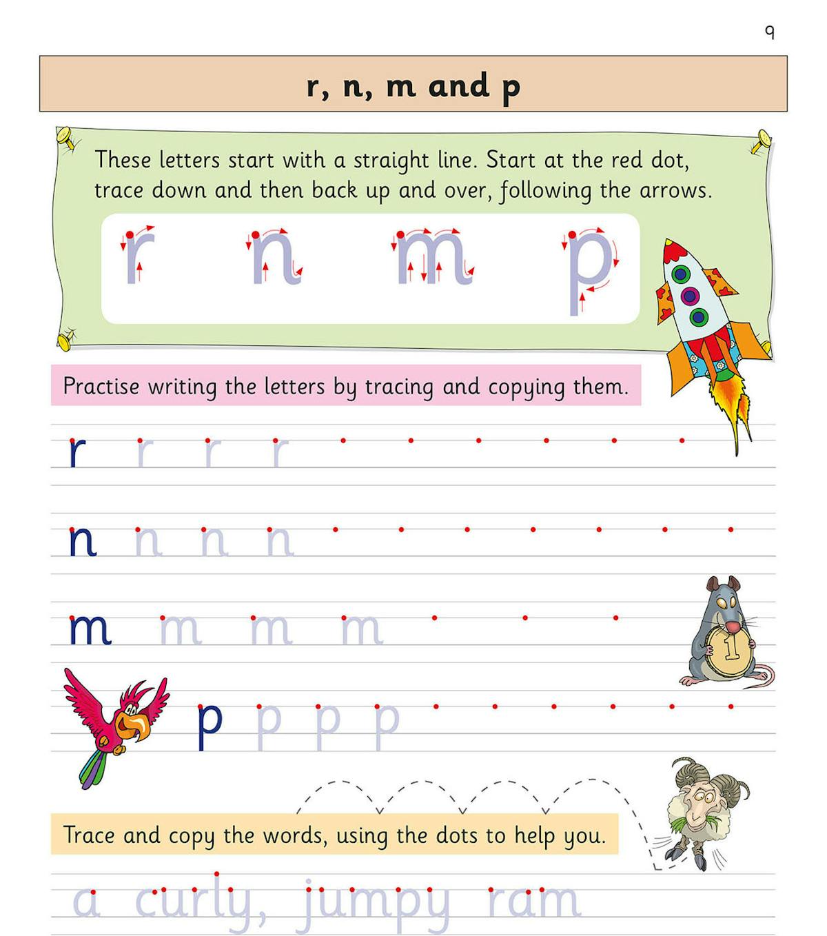 Sample page showing letter formation for r, n, m and p with tracing and copying exercises