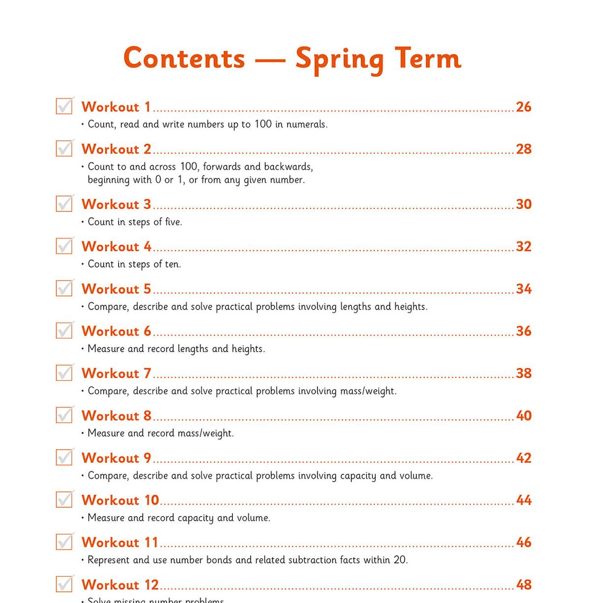 Contents page showing weekly workouts for Spring Term