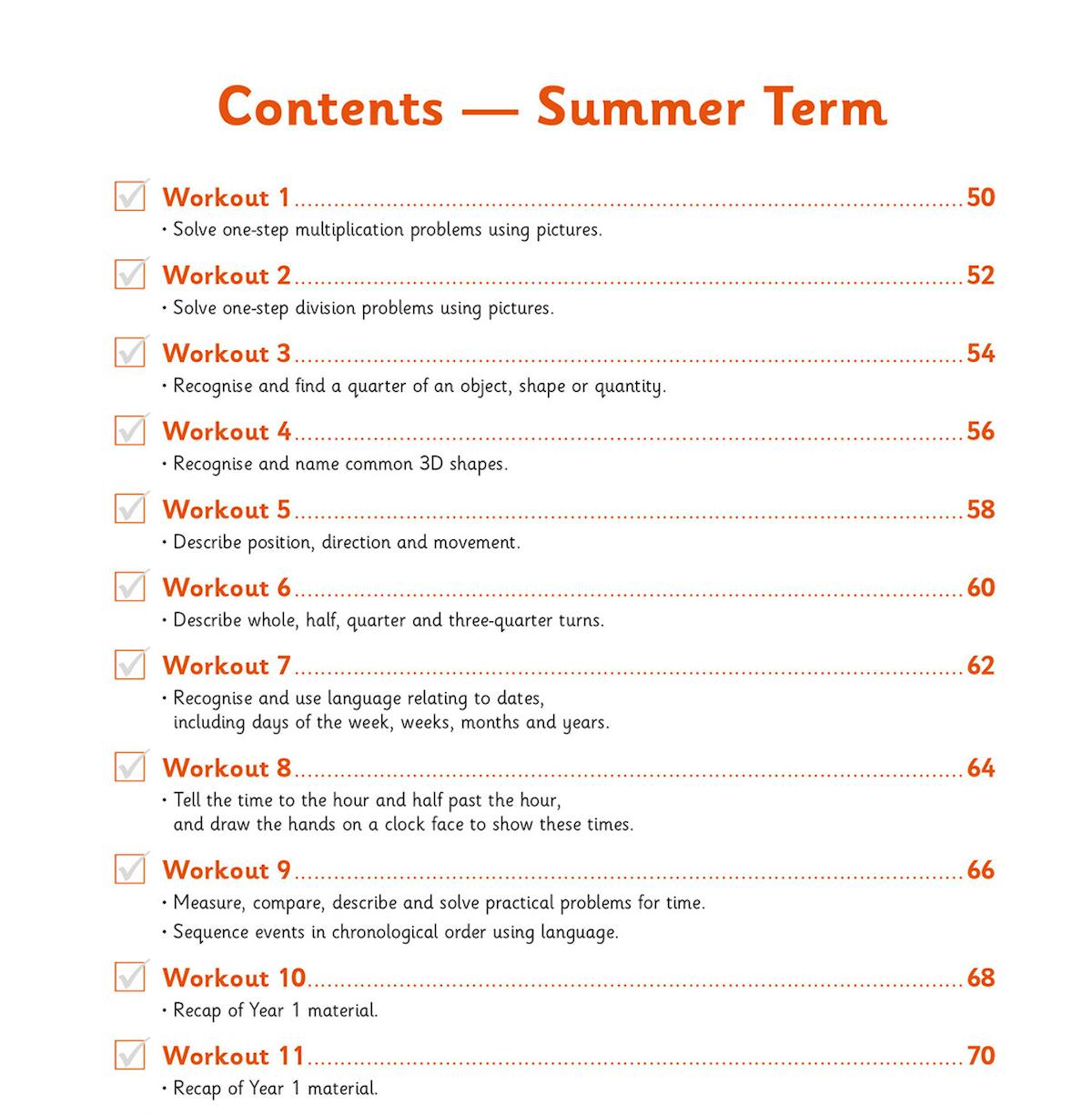 Year 1 Maths 10-Minute Weekly Workouts contents page for Summer Term