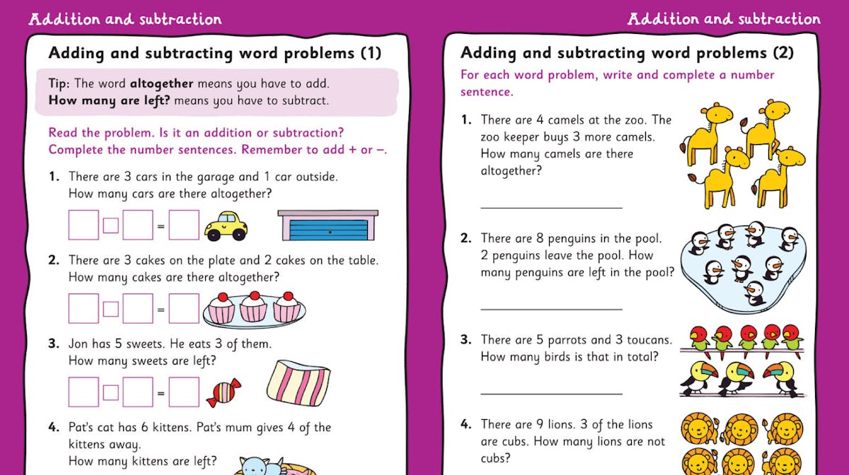 Year 1 Maths Workbook addition and subtraction word problems pages