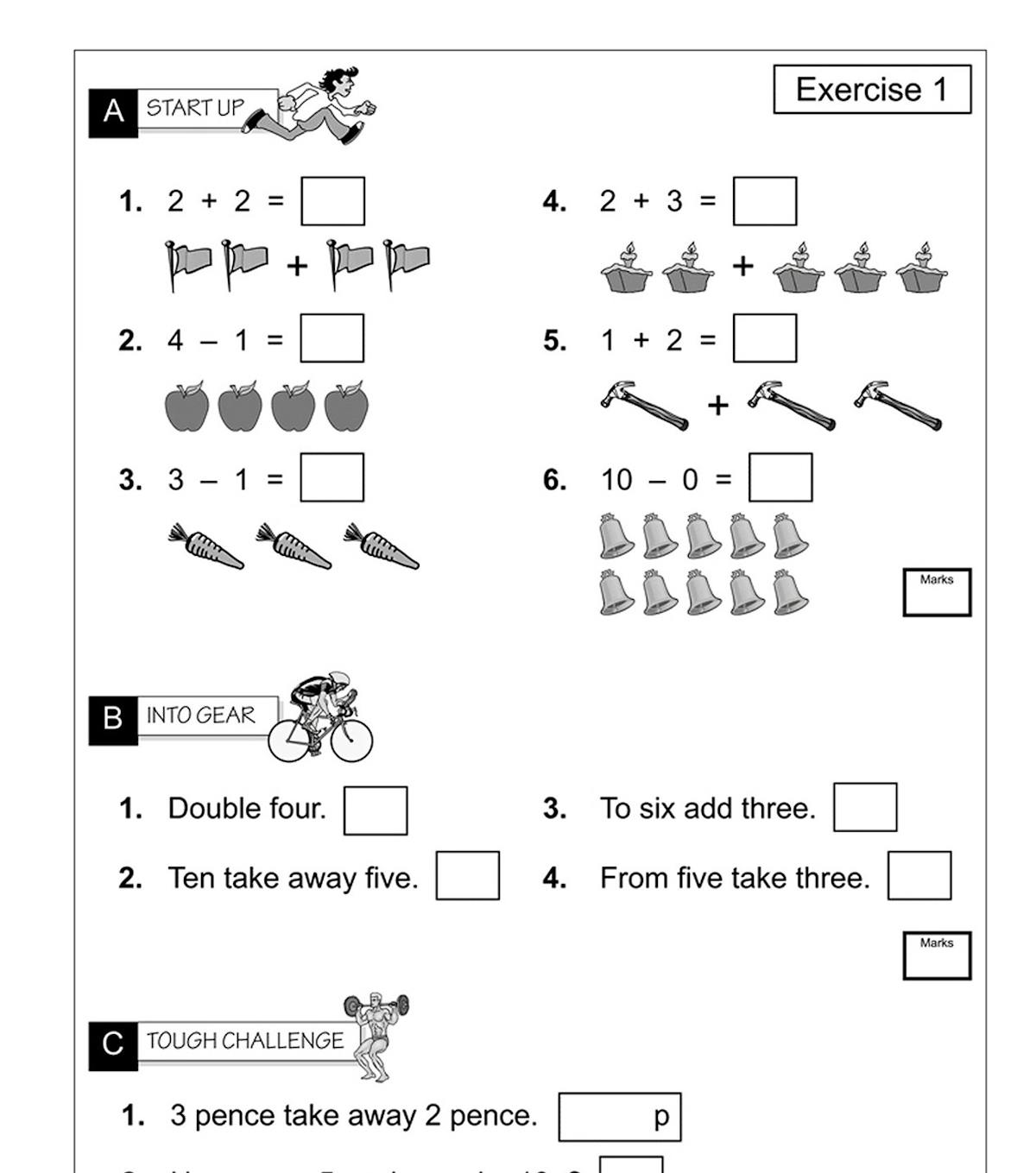 Sample page showing three difficulty levels of mental arithmetic exercises