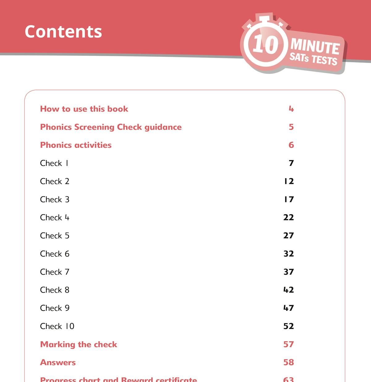 Contents page showing ten phonics checks, marking guidance and answers included