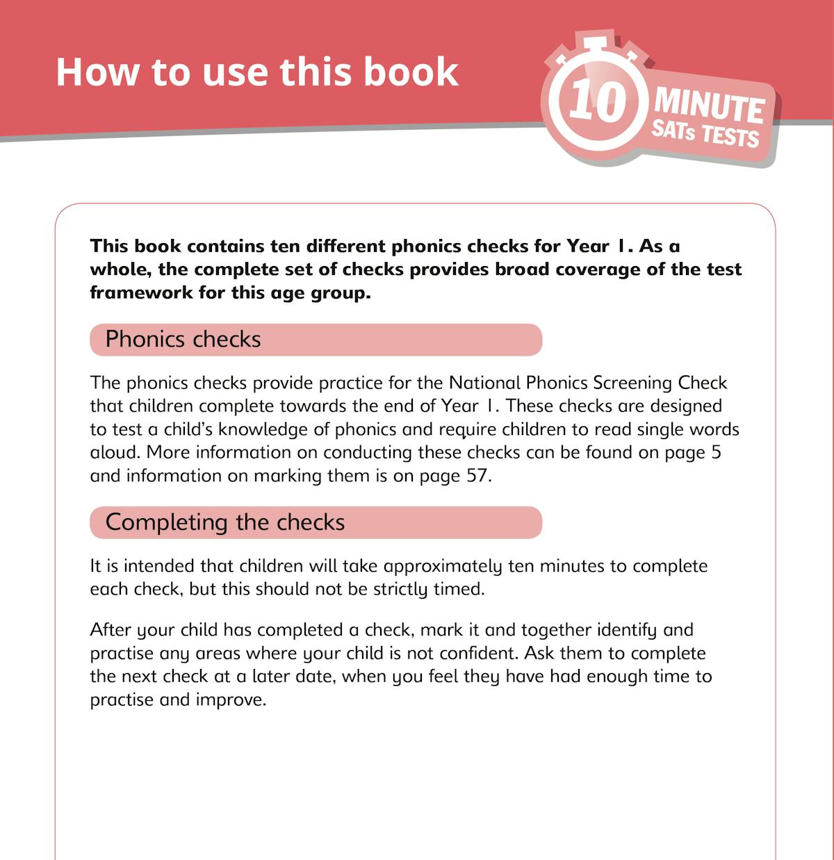 Instructions explaining how to complete each ten-minute phonics check