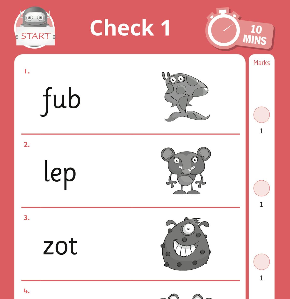 Sample phonics check page showing words with accompanying cartoon illustrations