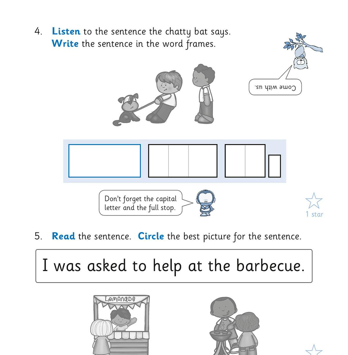 Year 1 Phonics 10-Minute Weekly Workouts sample page showing listening and writing exercise