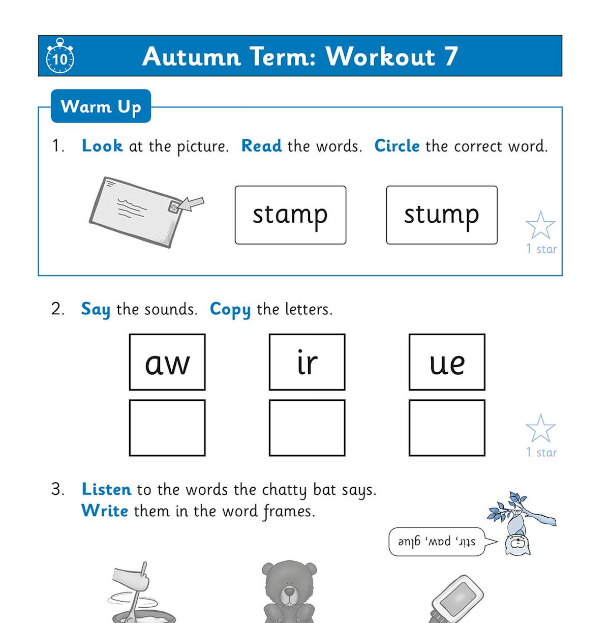 Sample Autumn Term workout page with warm-up activities and phonics exercises