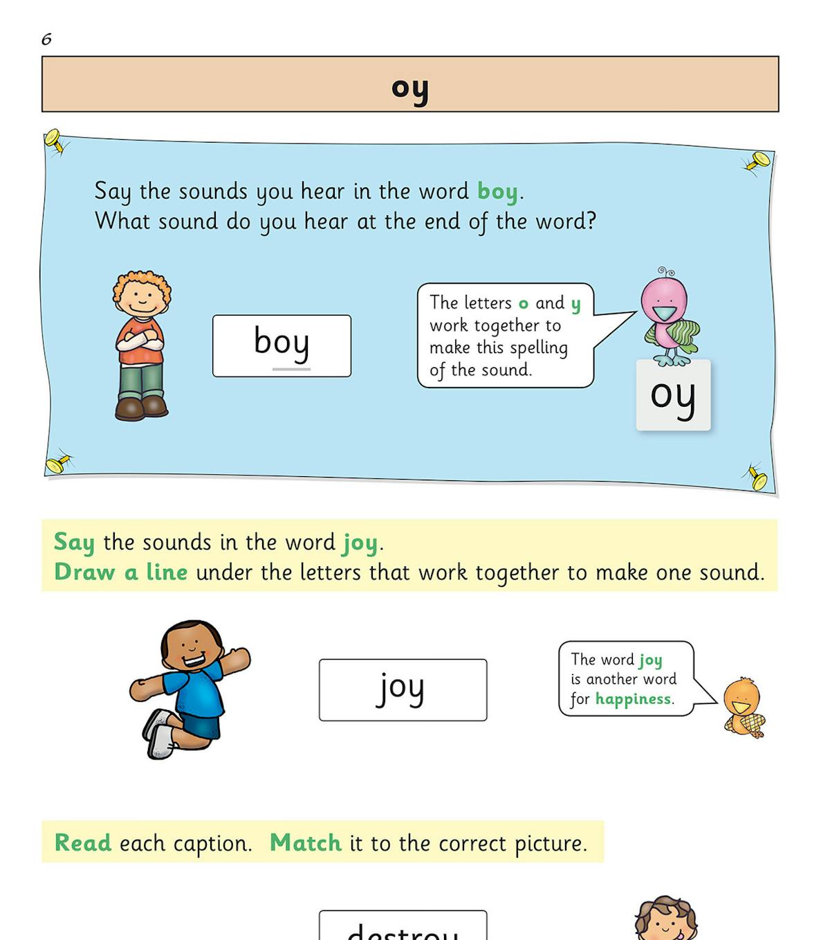 Engaging phonics activities with colourful characters explaining the 'oy' sound
