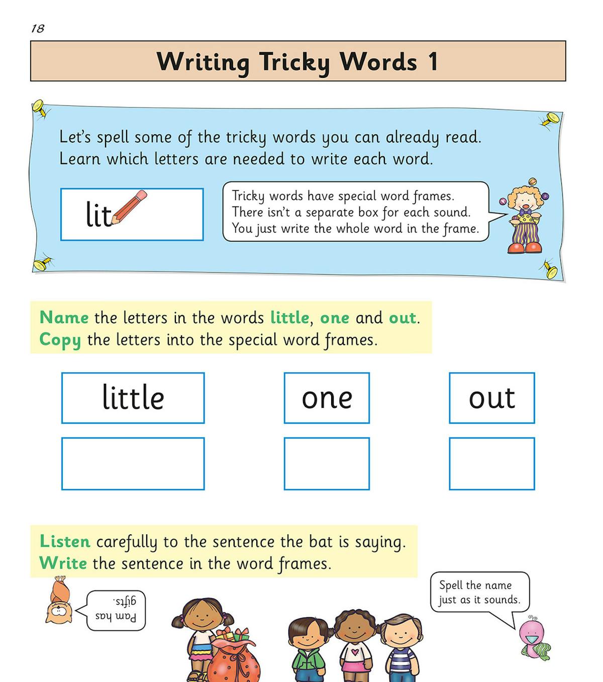 Writing tricky words in special word frames in the Year 1 Phonics Workbook Book 2