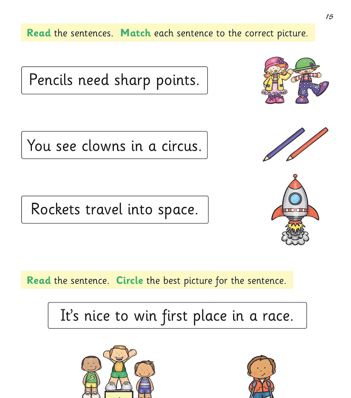 Matching sentences to pictures and circling the correct image in the Year 1 Phonics Workbook Book 2