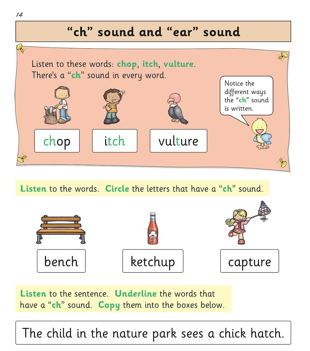 Sample page demonstrating 'ch' and 'ear' sounds with listen, circle and copy activities