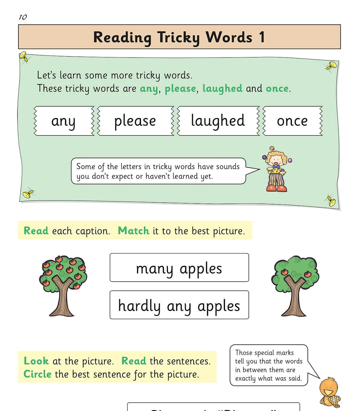 Sample page showing tricky words activities with matching and sentence tasks