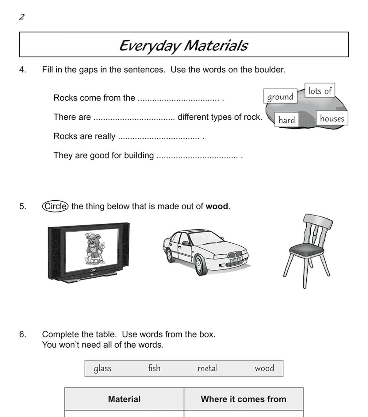 Sample page from Year 1 Science Workout showing everyday materials questions