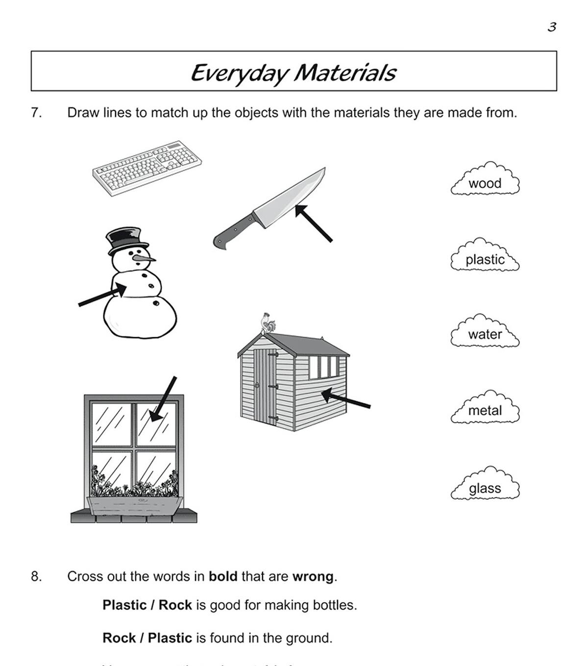 Year 1 Science Workout Everyday Materials workbook showing matching and investigation activities
