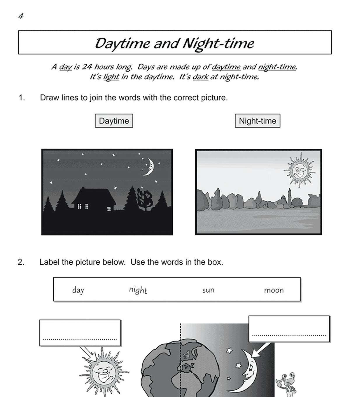 Workbook page on daytime and night-time with labelling and matching tasks
