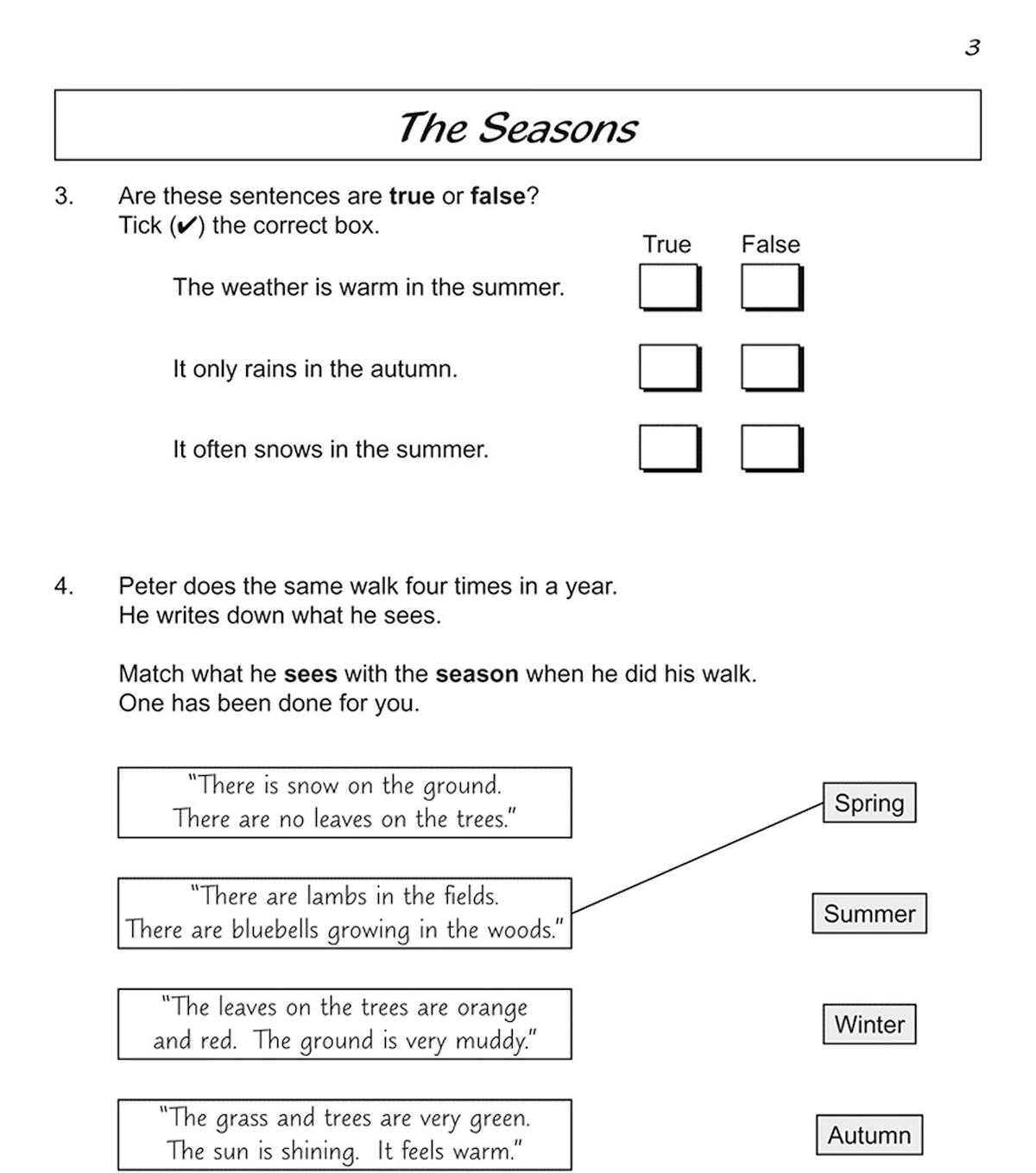 Sample page showing seasonal matching activities and investigation prompts