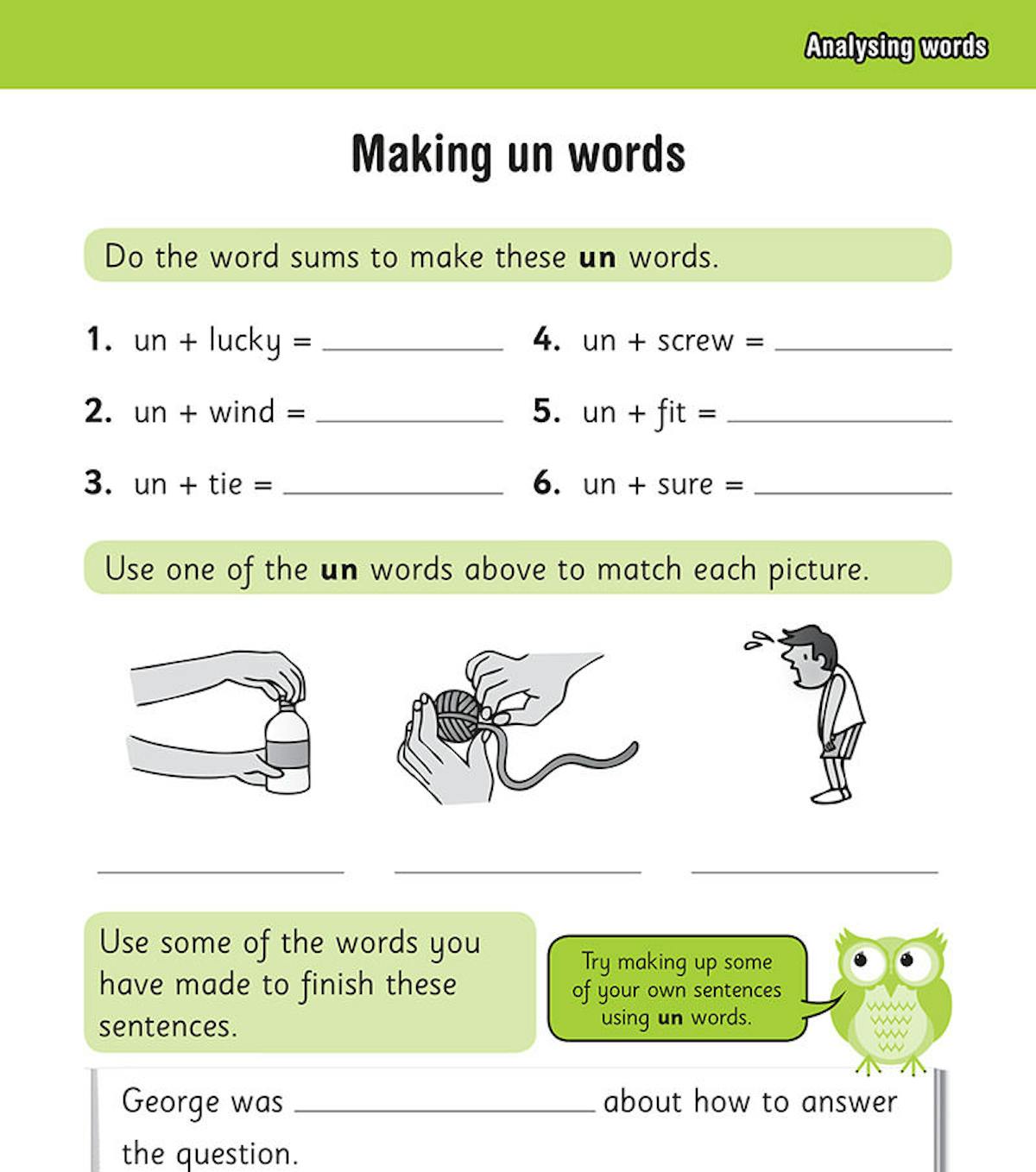 Inside page showing prefix 'un' activities with word sums and picture matching exercises