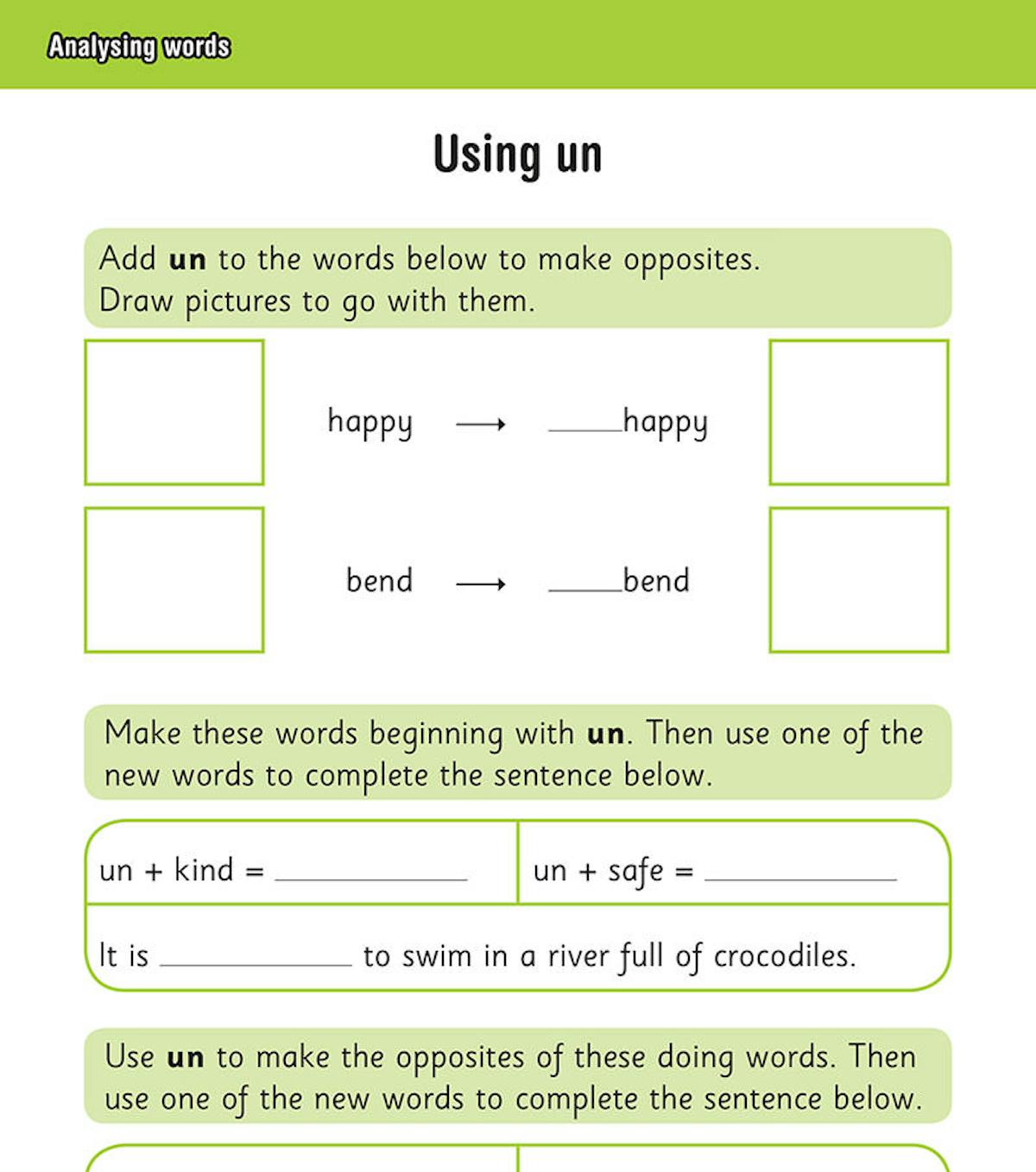 Workbook page demonstrating how to use the prefix 'un' to create opposites, with sentence completion tasks