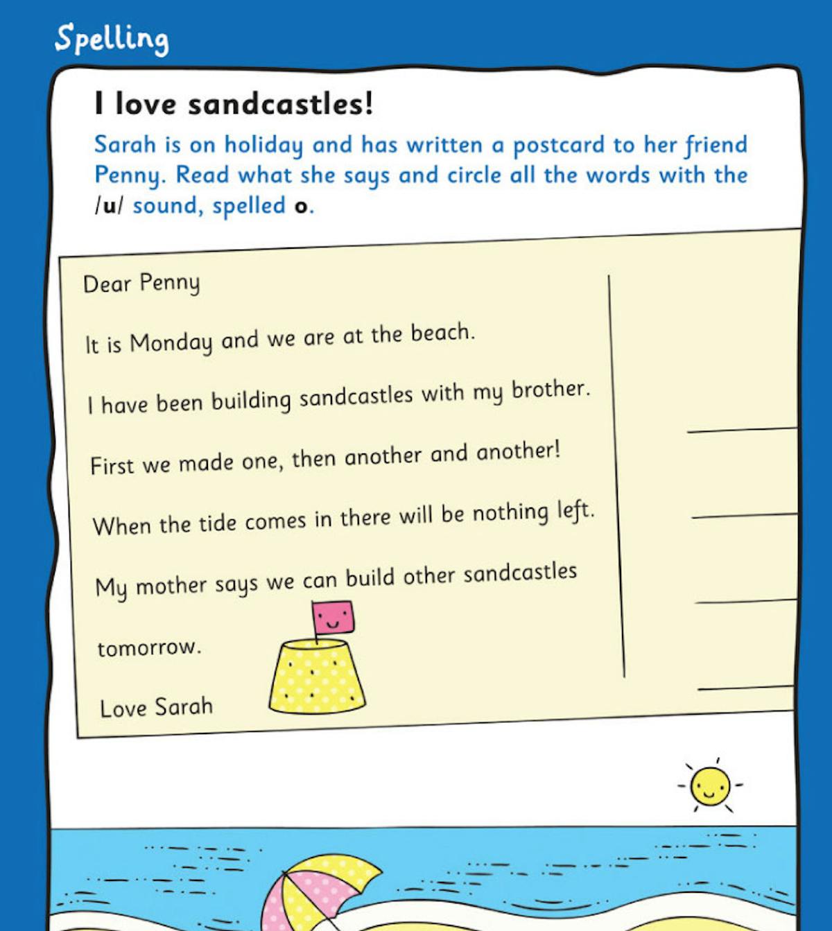 Year 2 English spelling activity featuring a postcard exercise with sandcastle theme