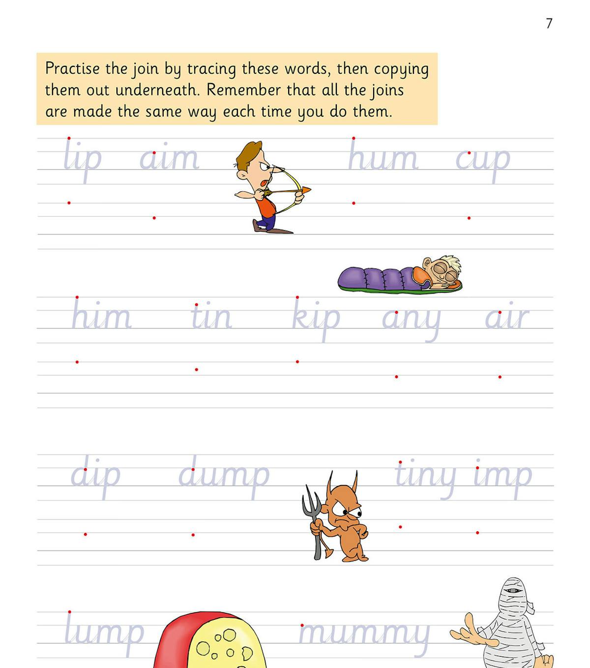Sample page showing tracing and copying practice for joined-up letter combinations with starting dots and guidelines