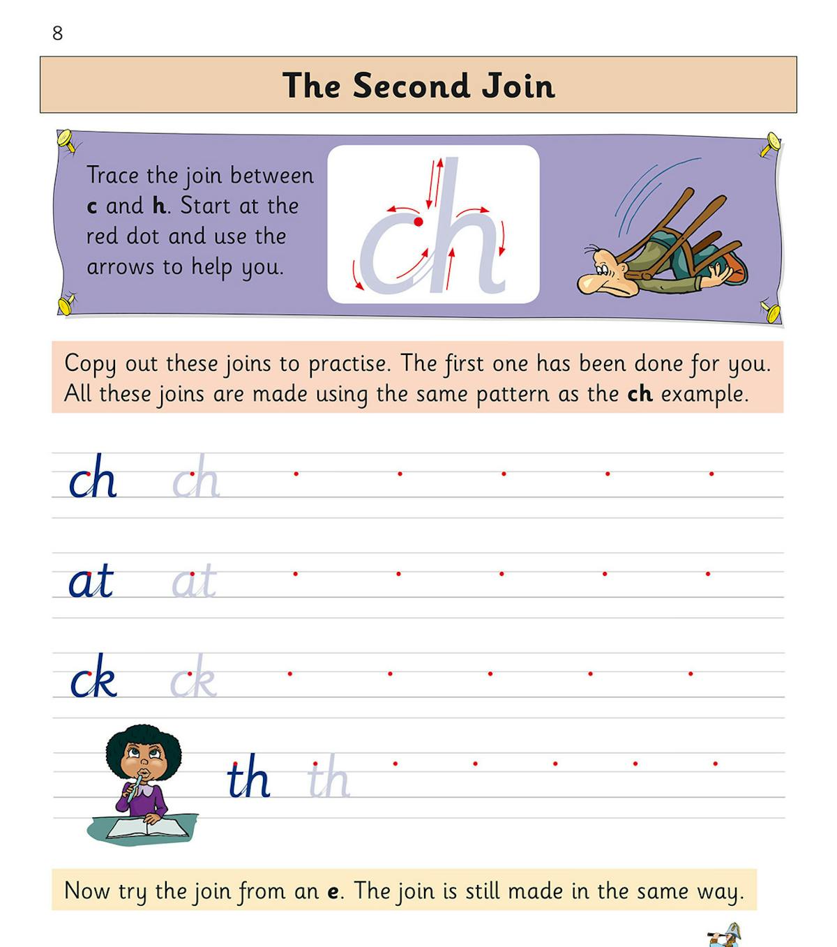Page introducing a specific letter join with clear directional arrows and character illustrations
