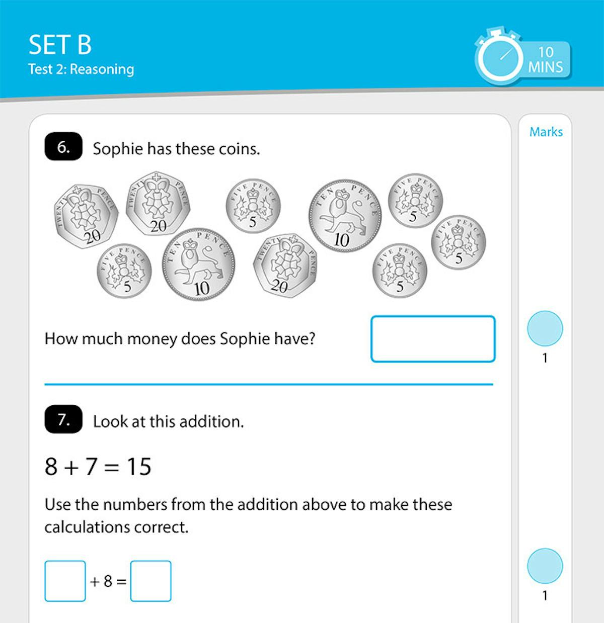 Sample page showing reasoning questions with coin counting and addition problems