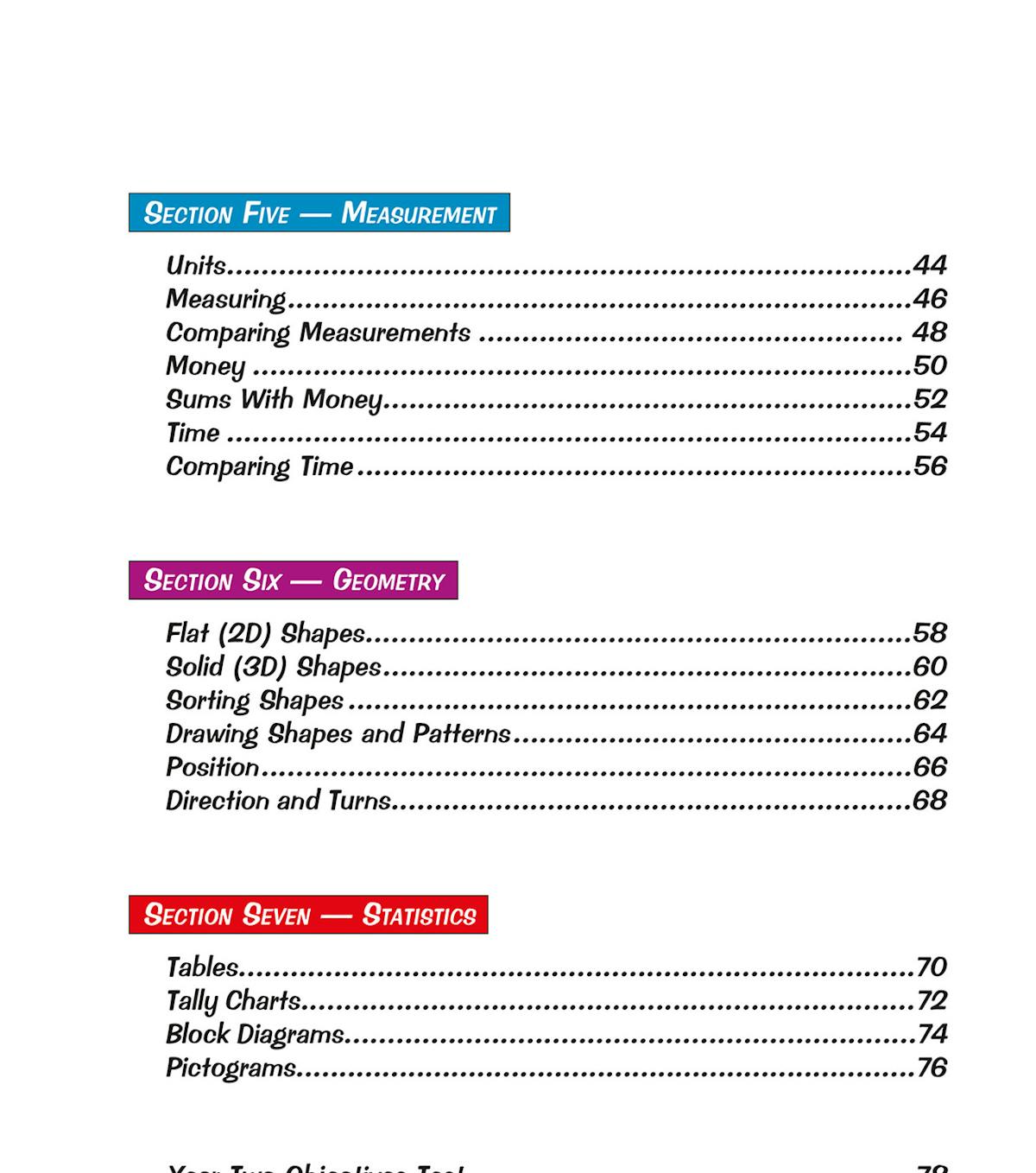 Contents page showing the book's structure with sections on Number and Place Value, Measurement, Geometry, and Statistics