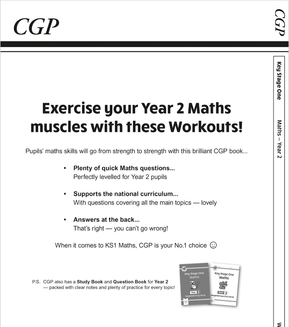 Back cover of the Year 2 Maths Workout Book showing curriculum coverage and features