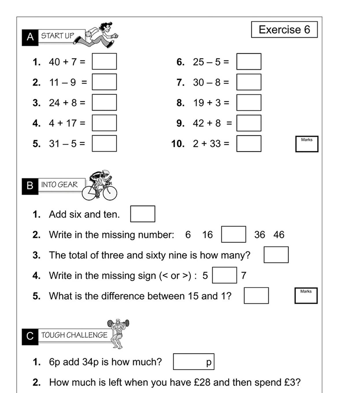 Sample exercises from the Year 2 Mental Maths Workout Book showing varied question types
