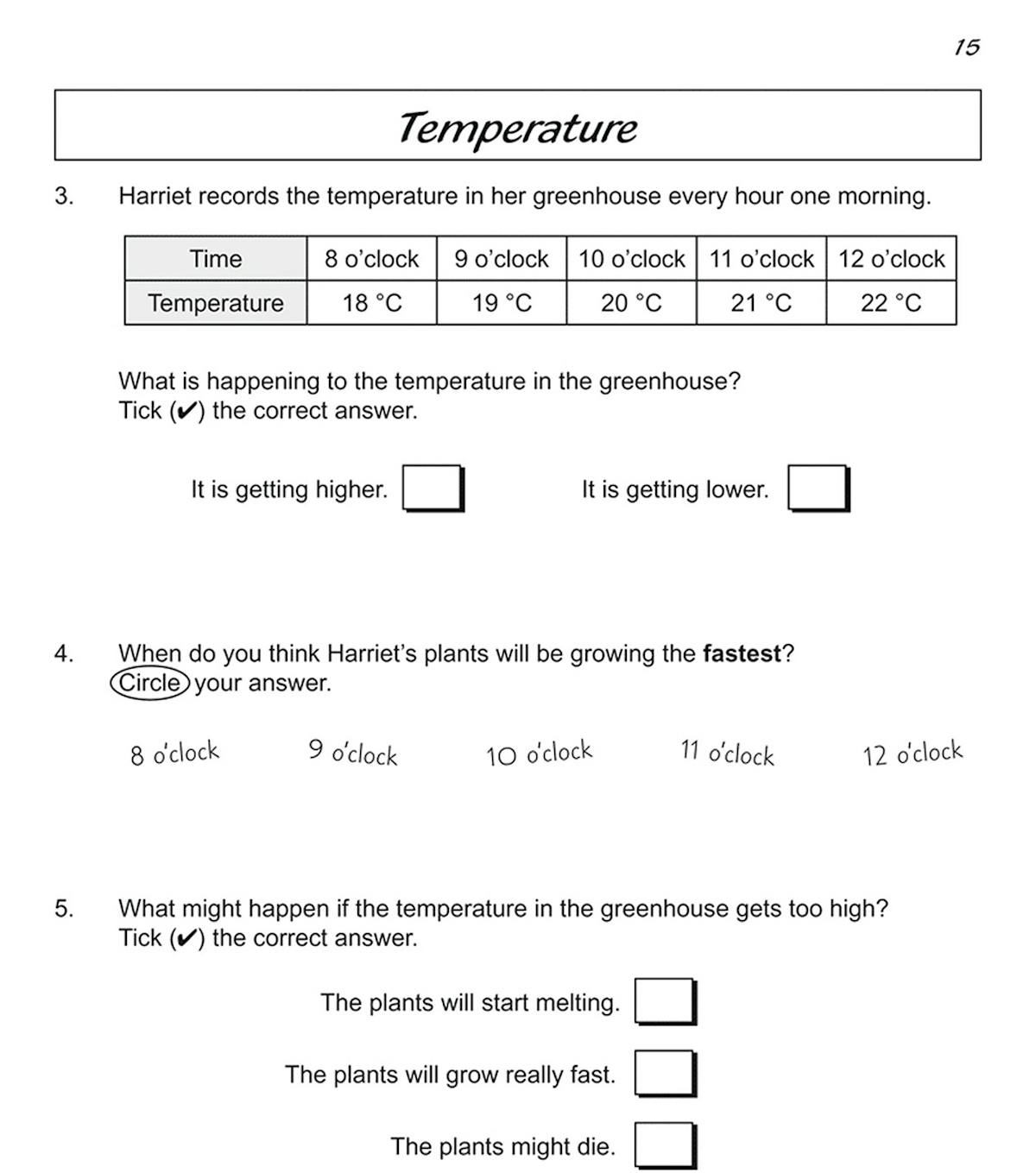 Page showing a temperature table and questions about plant growth conditions