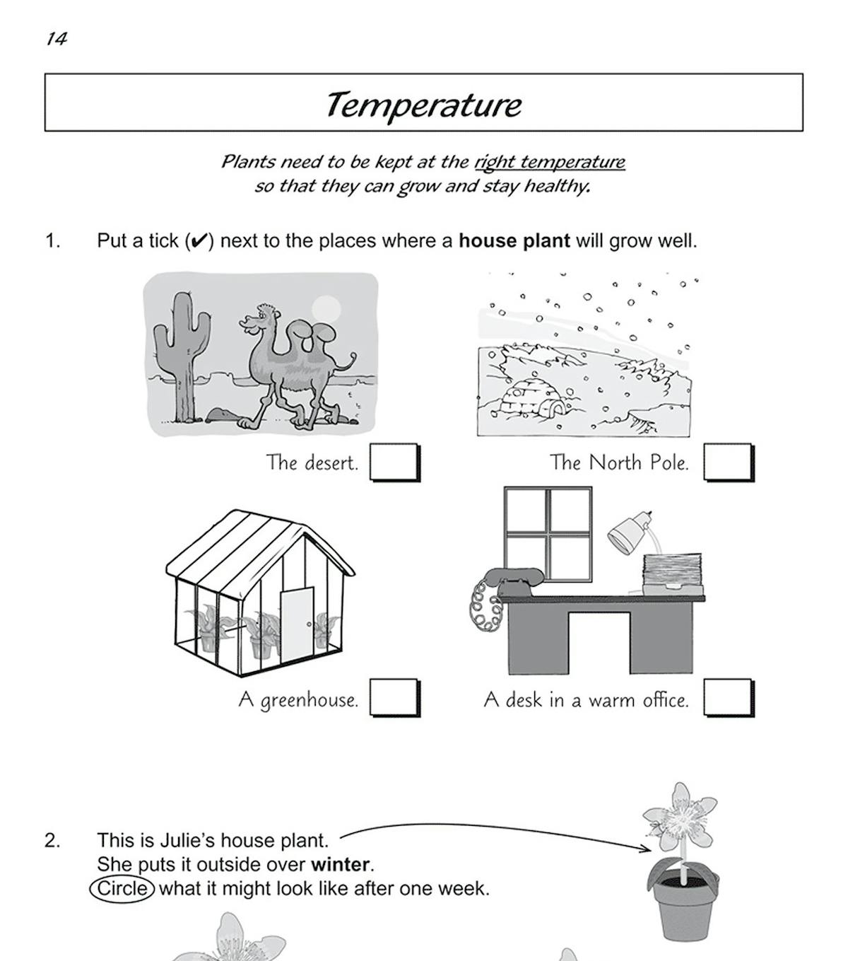 Inside pages showing clear science questions and diagrams about plant growth
