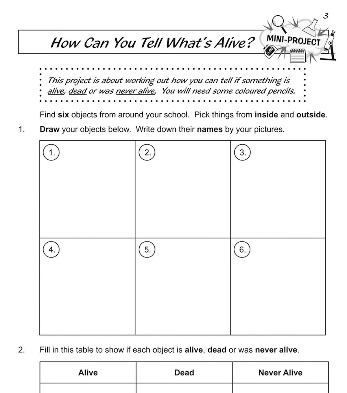 Mini-project page with drawing and sorting activities about living and non-living objects