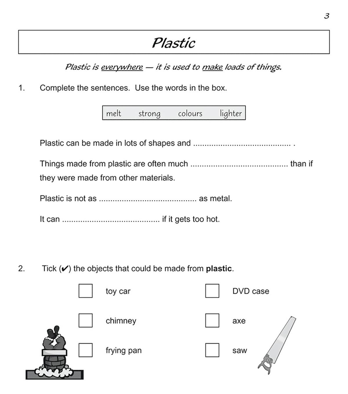 Inside page showing questions about the properties of plastic