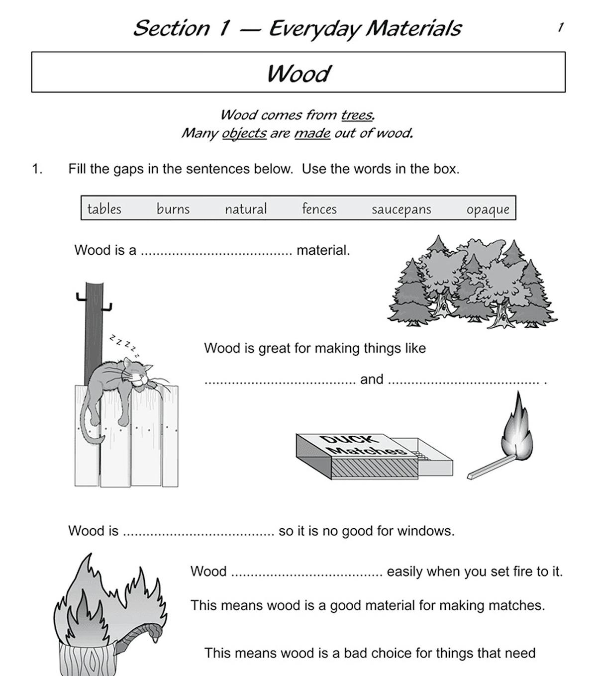 Sample page showing fill-in-the-gap questions about wood properties