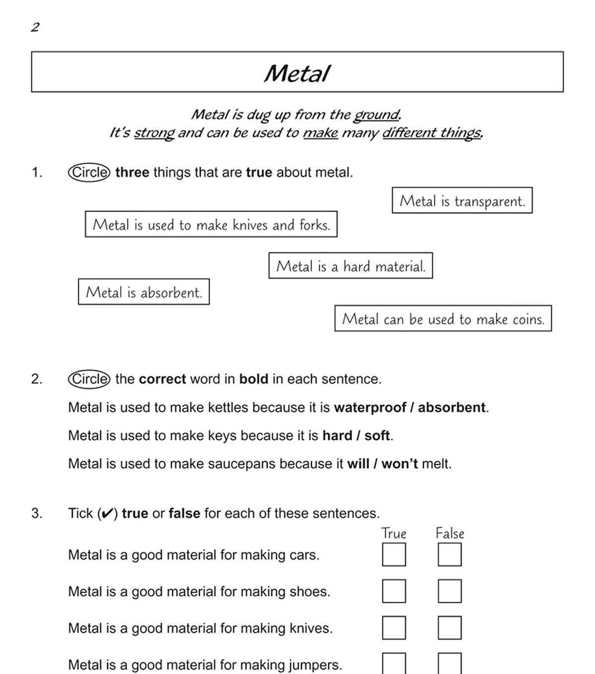 Sample page with questions about metal properties and true or false exercises