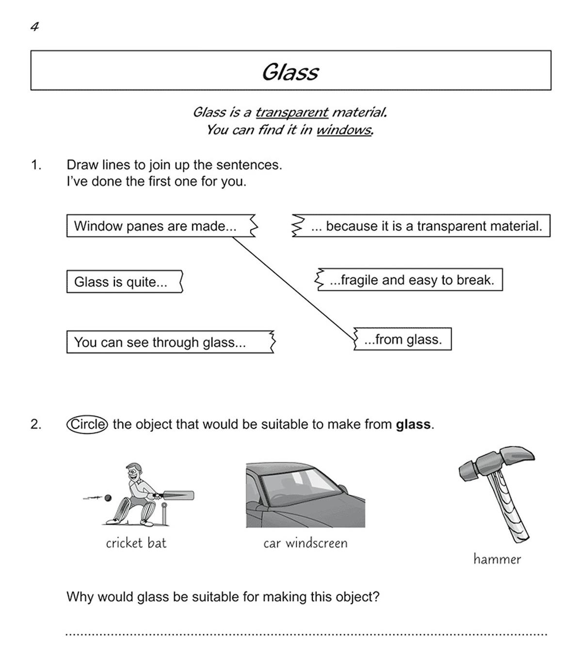 Year 2 Science Workout Uses of Materials workbook showing a page about glass properties