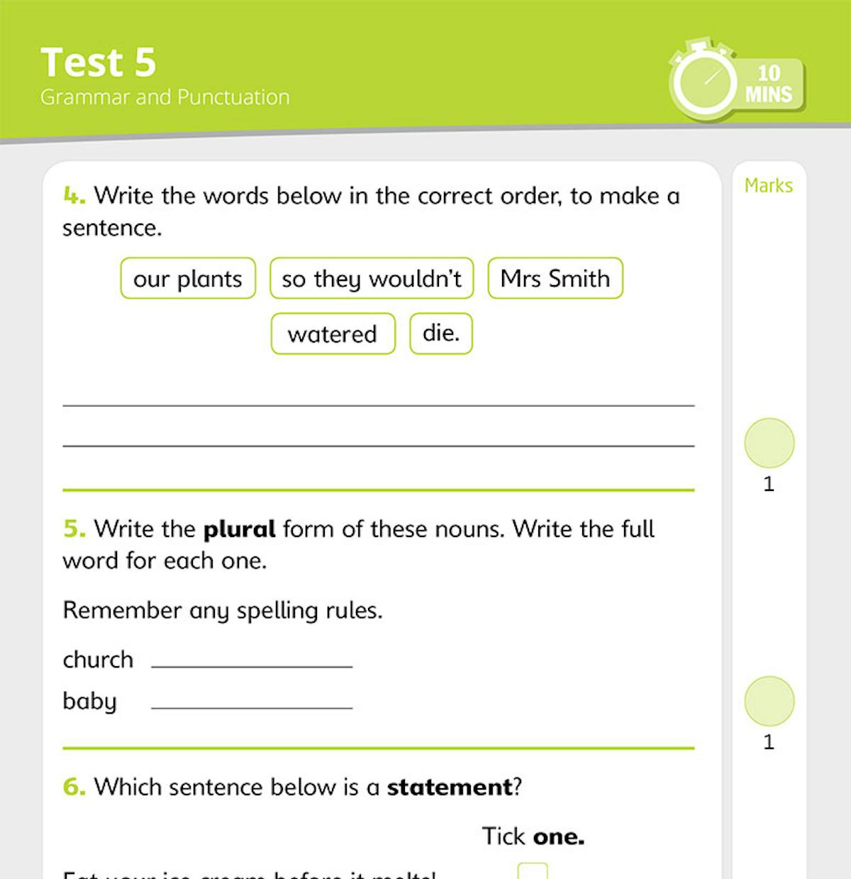 Sample Grammar and Punctuation test page showing sentence ordering, plural nouns and statement identification questions