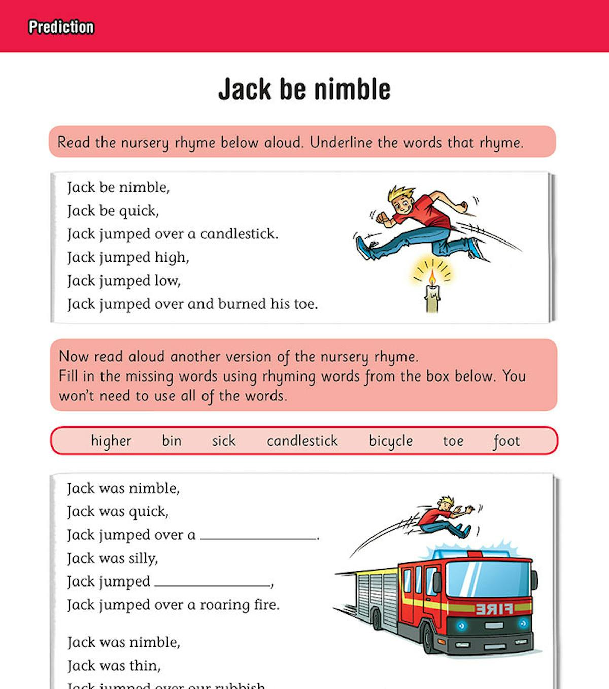 Sample workbook pages showing Jack be nimble nursery rhyme comprehension activities