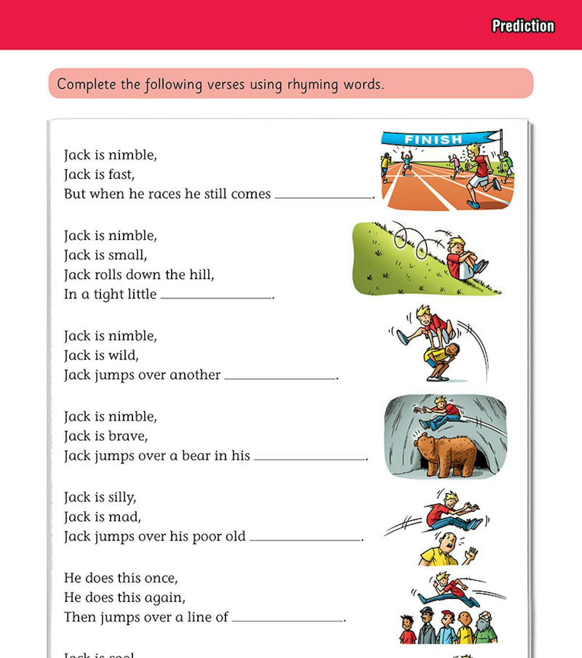 Workbook page with rhyming verse prediction exercises and colourful illustrations