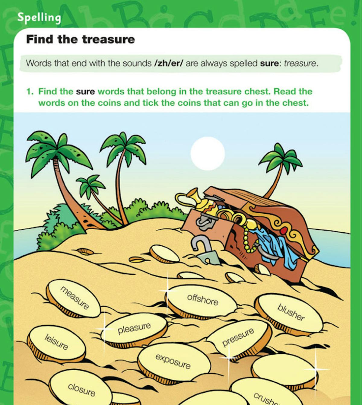 Year 3 English Workbook spelling activity page with treasure hunt theme