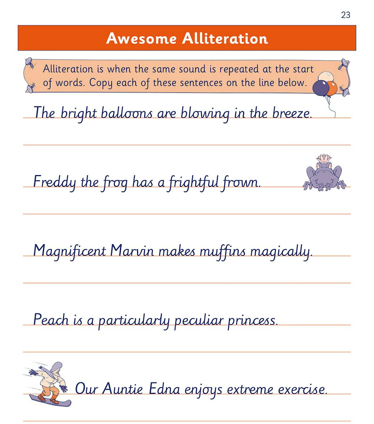 Sample page showing alliteration sentences with joined-up handwriting practice