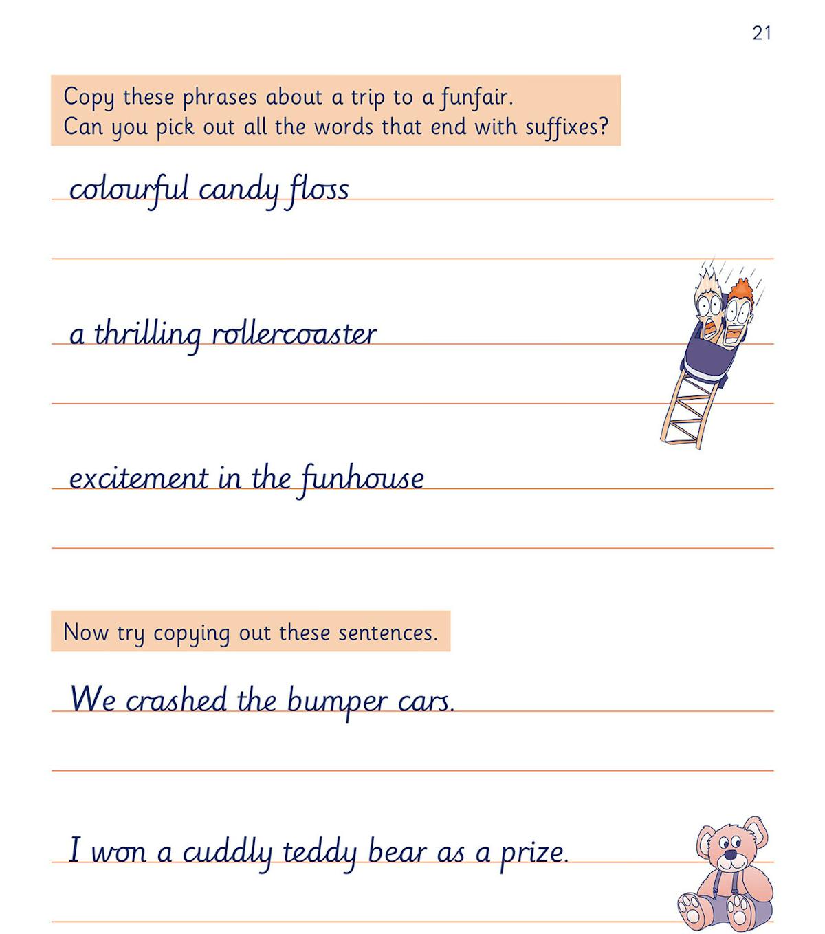 Sample page showing funfair-themed phrases and sentences for handwriting practice
