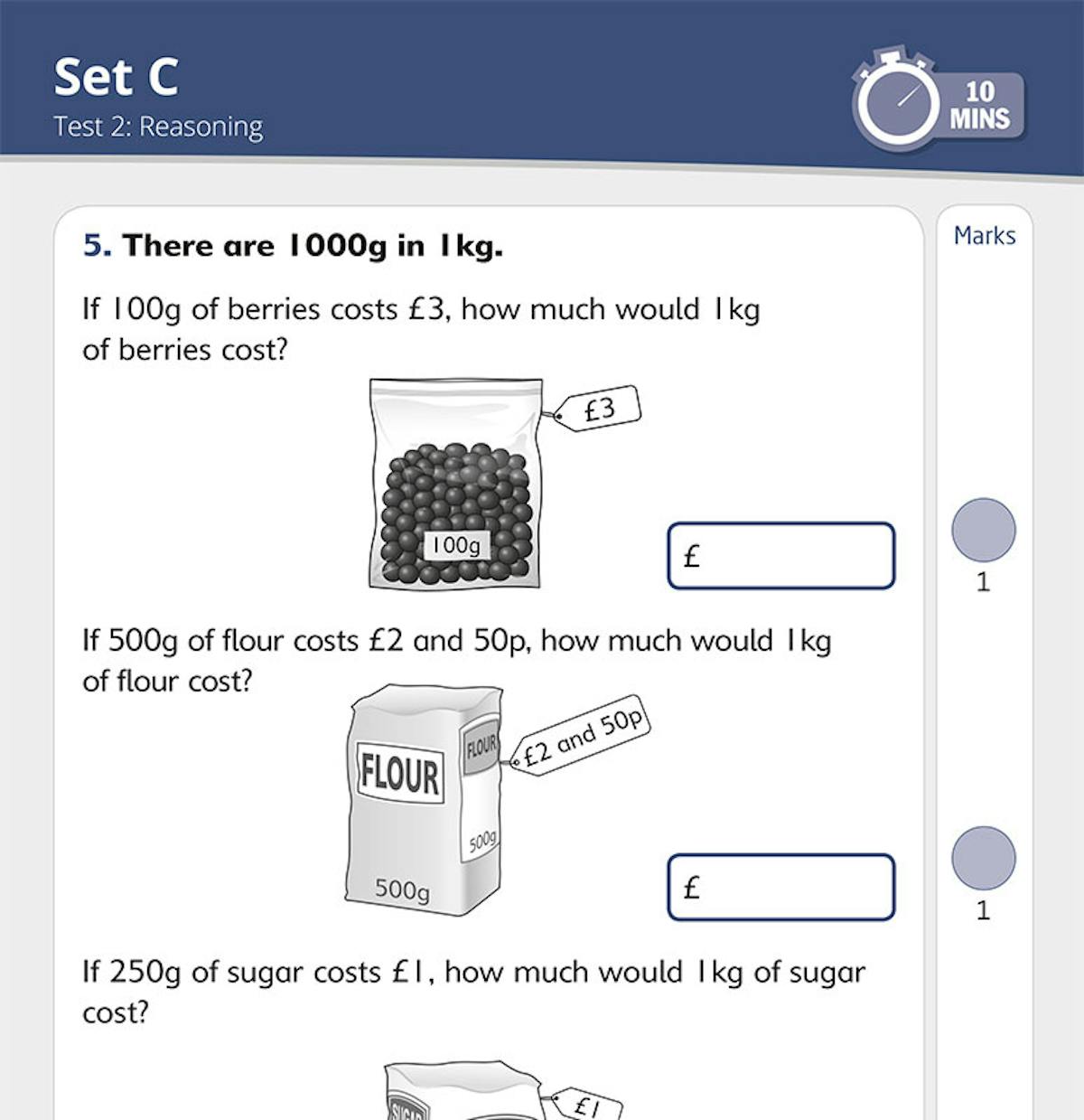 Maths reasoning test page showing word problems with visual aids and answer boxes