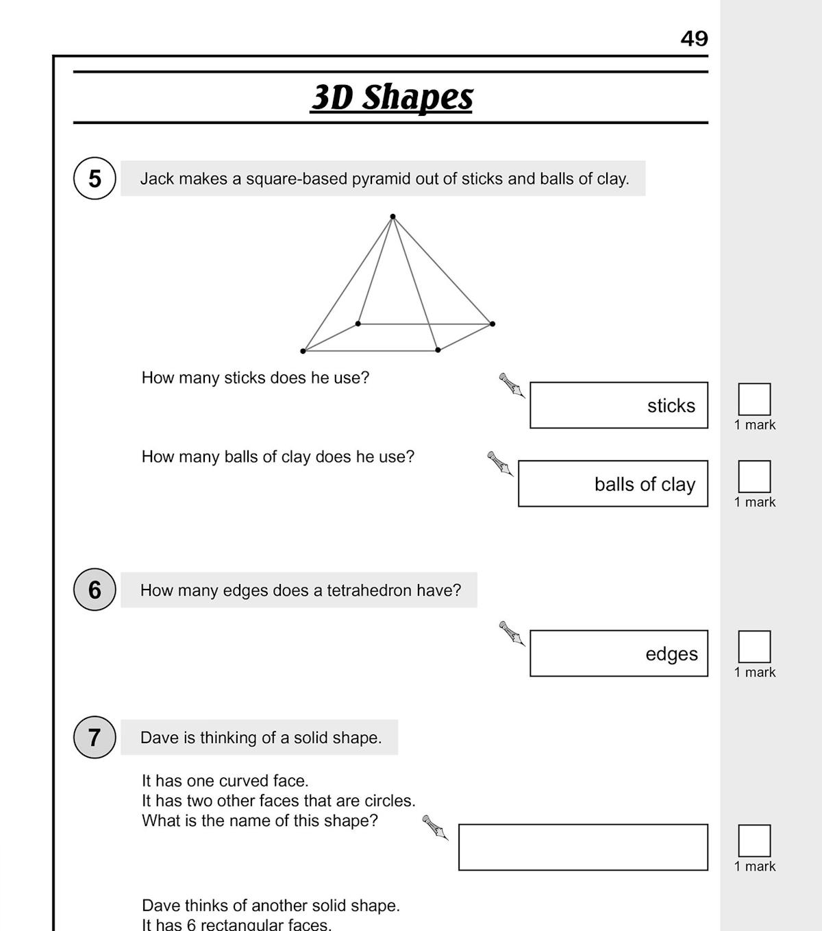 Sample page showing 3D shapes questions with space for answers