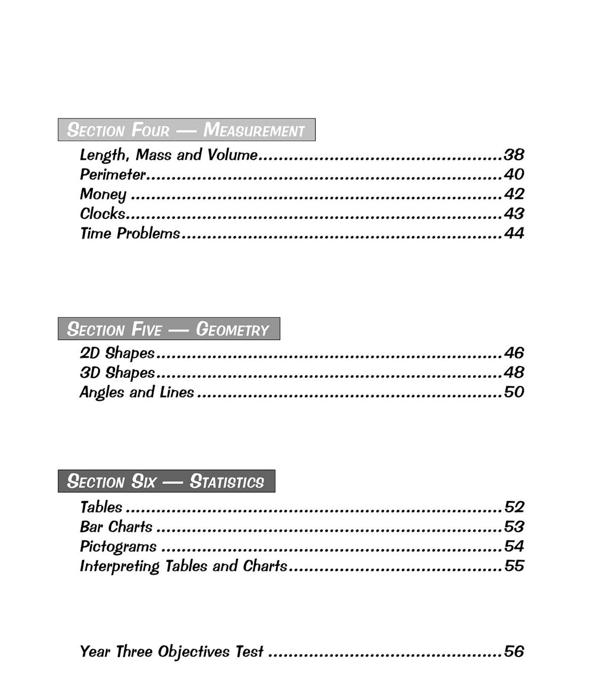 Contents page showing sections on measurement, geometry, and statistics