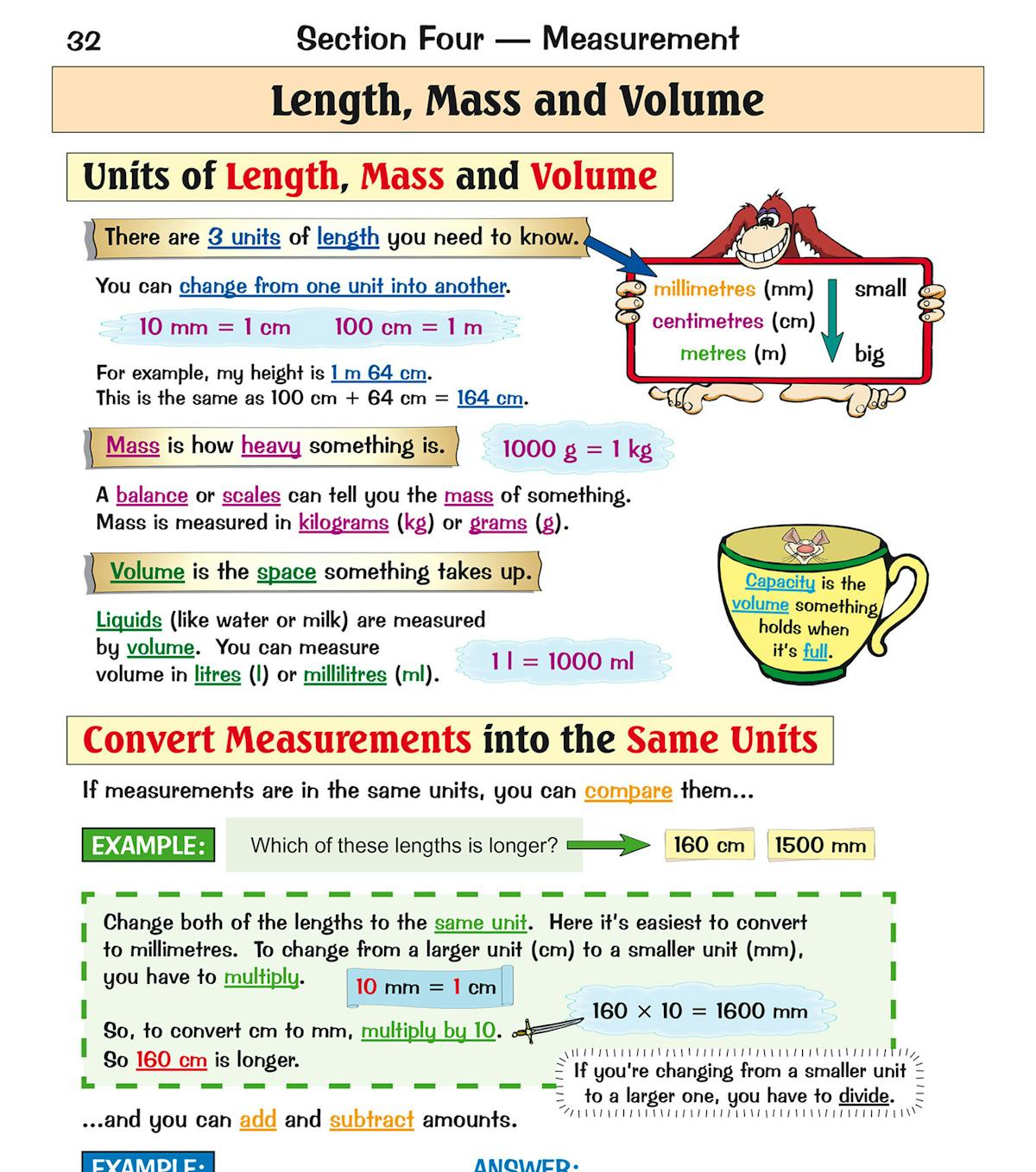 Inside pages showing worked examples on length, mass and volume with clear illustrations and step-by-step instructions