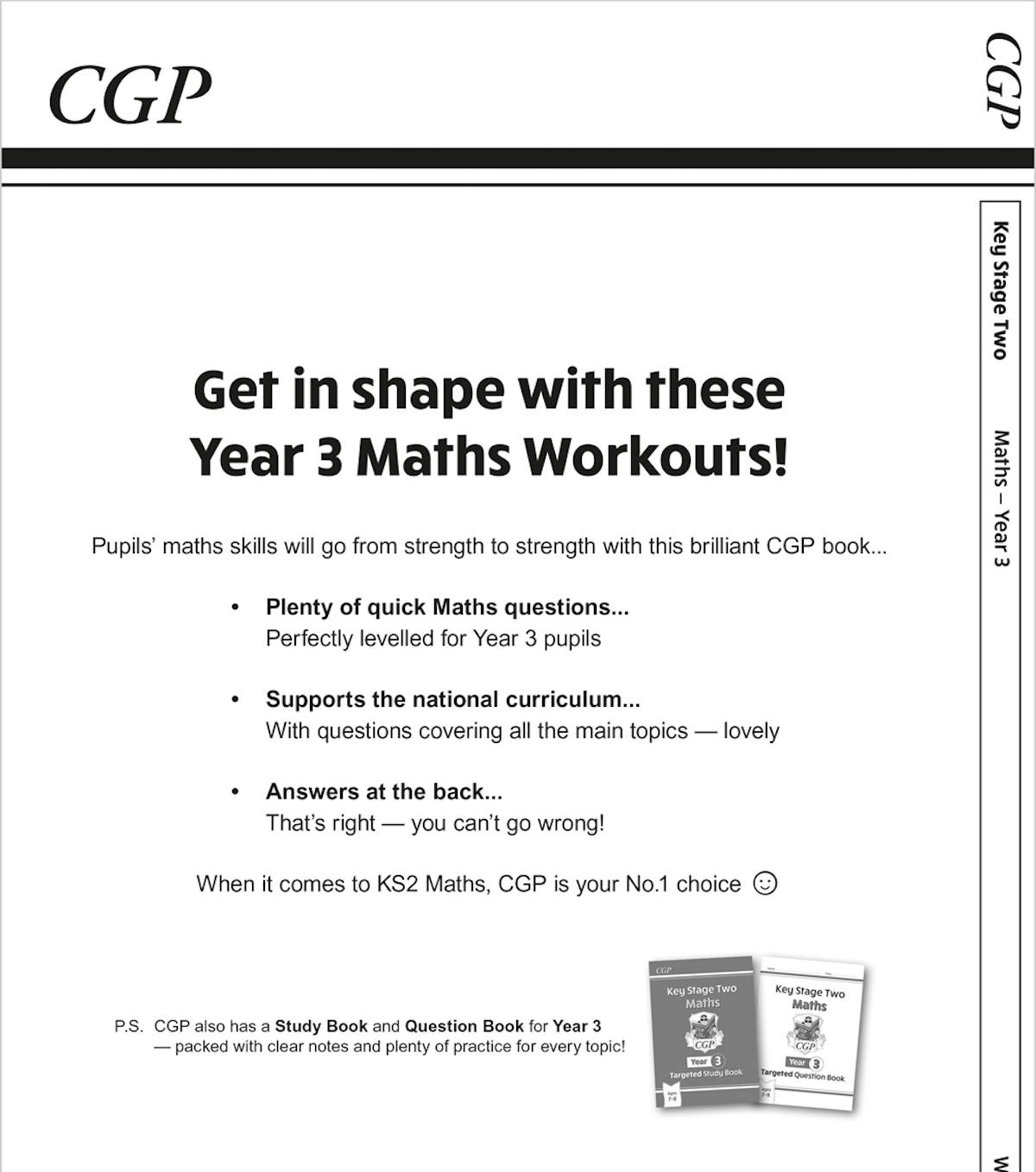 Back cover of Year 3 Maths Workout Book showing curriculum coverage and key features
