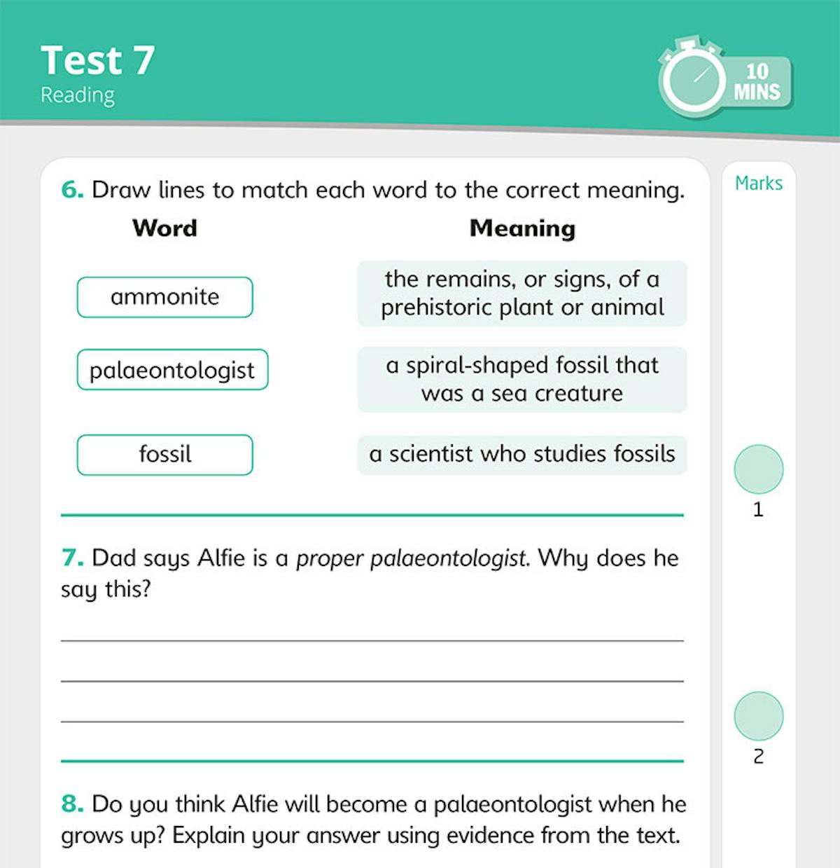 Sample reading test page showing vocabulary matching and comprehension questions