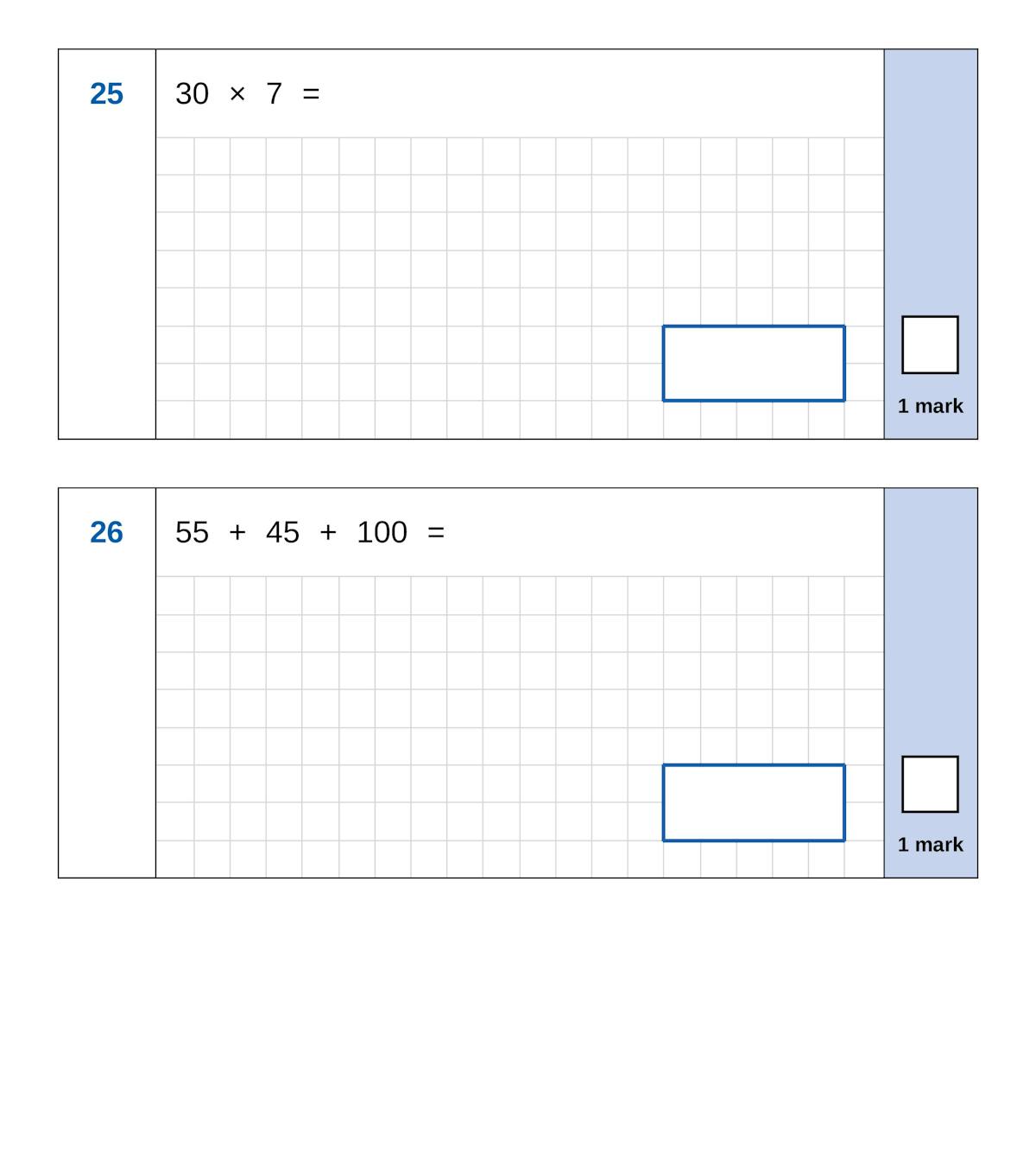 Sample arithmetic questions showing multiplication and addition problems with answer boxes